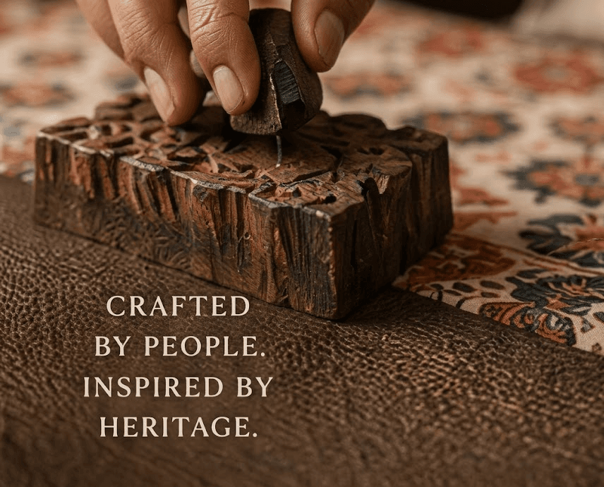 Block printing by hand on Indian textile